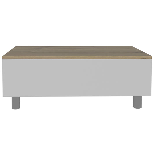 Table basse rectangulaire en bois blanc et chêne clair de 32 po avec plateau relevable et tiroir et étagère