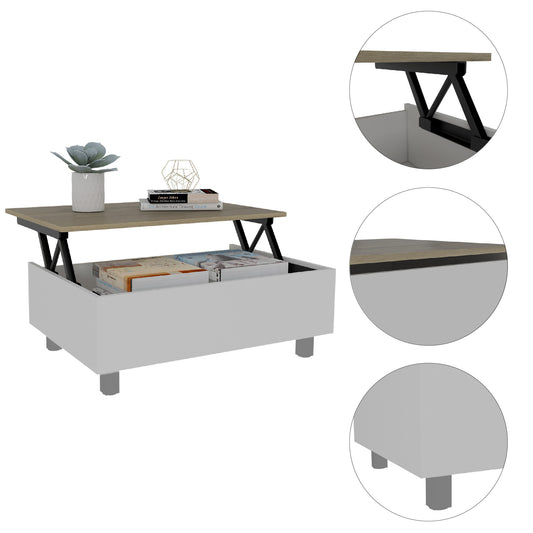 Table basse rectangulaire en bois blanc et chêne clair de 32 po avec plateau relevable et tiroir et étagère