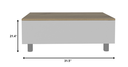 Table basse rectangulaire en bois blanc et chêne clair de 32 po avec plateau relevable et tiroir et étagère