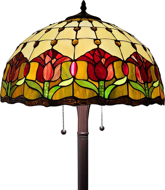 Lampadaire traditionnel marron à deux lumières de 62 po avec abat-jour en forme de dôme en verre teinté à fleurs rouges