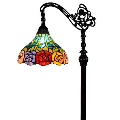 Lampadaire de forme traditionnelle marron de 74 po avec abat-jour en forme de dôme en verre teinté à fleurs bleues, rouges et jaunes