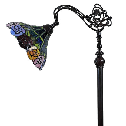 Lampadaire de forme traditionnelle marron de 74 po avec abat-jour en forme de dôme en verre teinté à fleurs bleues, rouges et jaunes