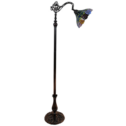 Lampadaire de forme traditionnelle marron de 74 po avec abat-jour en forme de dôme en verre teinté à fleurs bleues, rouges et jaunes