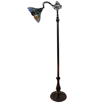 Lampadaire de forme traditionnelle marron de 74 po avec abat-jour en forme de dôme en verre teinté à fleurs bleues, rouges et jaunes