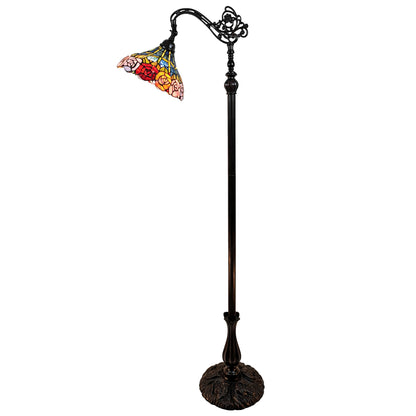 Lampadaire de forme traditionnelle marron de 74 po avec abat-jour en forme de dôme en verre teinté à fleurs bleues, rouges et jaunes