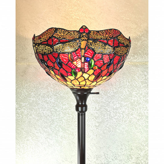 Lampadaire de forme traditionnelle marron de 69 po avec abat-jour en forme de dôme en verre teinté libellule rouge, jaune et marron