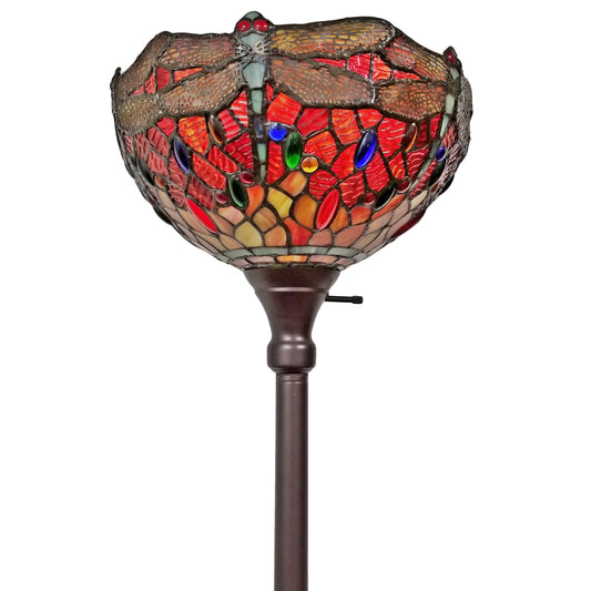 Lampadaire de forme traditionnelle marron de 69 po avec abat-jour en forme de dôme en verre teinté libellule rouge, jaune et marron