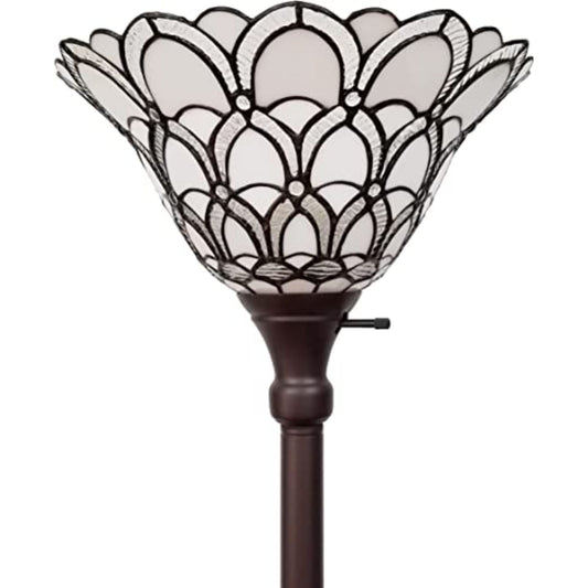 Lampadaire de forme traditionnelle marron de 62 po avec abat-jour en verre teinté blanc