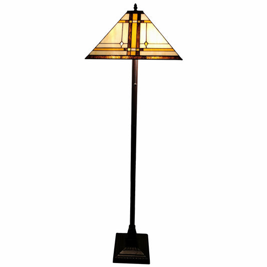 Lampadaire traditionnel marron à deux lumières de 62 po avec abat-jour conique en verre teinté marron et blanc