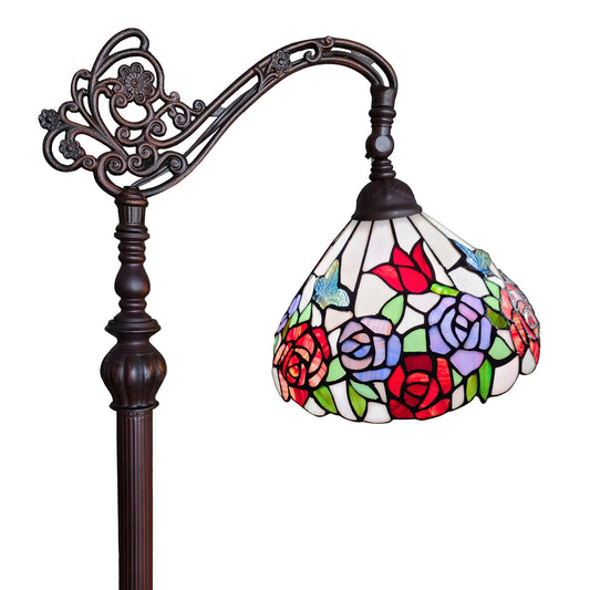 Lampadaire de forme traditionnelle marron de 72 po avec abat-jour en verre teinté blanc et rouge