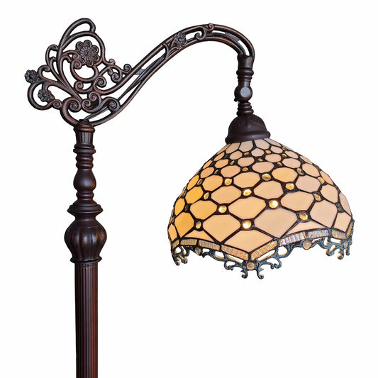 Lampadaire de forme traditionnelle marron de 62 po avec abat-jour en verre Tiffany blanc