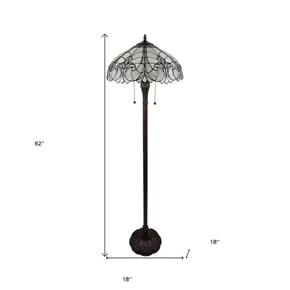 Lampadaire torchère marron à deux lampes de 62 po avec abat-jour en forme de dôme en verre teinté fleur de lys blanc