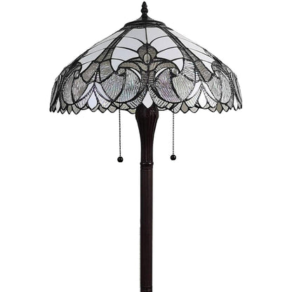 Lampadaire torchère marron à deux lampes de 62 po avec abat-jour en forme de dôme en verre teinté fleur de lys blanc