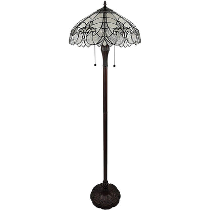 Lampadaire torchère marron à deux lampes de 62 po avec abat-jour en forme de dôme en verre teinté fleur de lys blanc