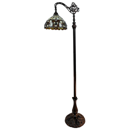 62" Brown Metal Arched Floor Lamp With Amber and Red Flowers Stained Glass Shade