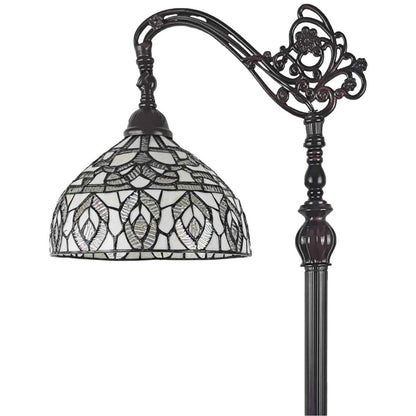 72" Brown Traditional Shaped Floor Lamp With White Peacock Feather Stained Glass Dome Shade