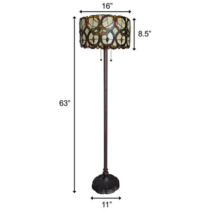 63" Brown Two Light Traditional Shaped Floor Lamp With Brown And White Stained Glass Drum Shade