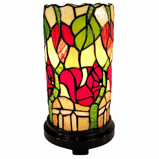 Lampe d'appoint en verre teinté floral rouge, vert et noir de 14 po