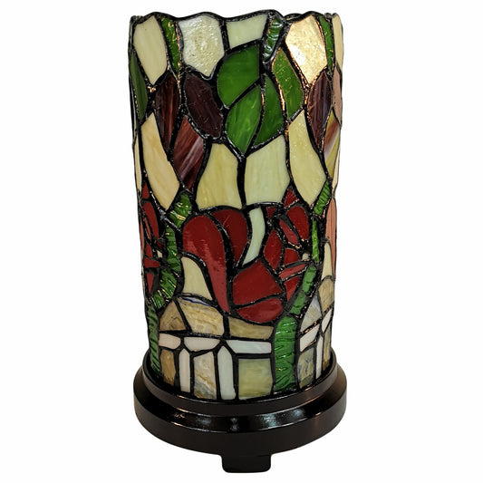 Lampe d'appoint en verre teinté floral rouge, vert et noir de 14 po