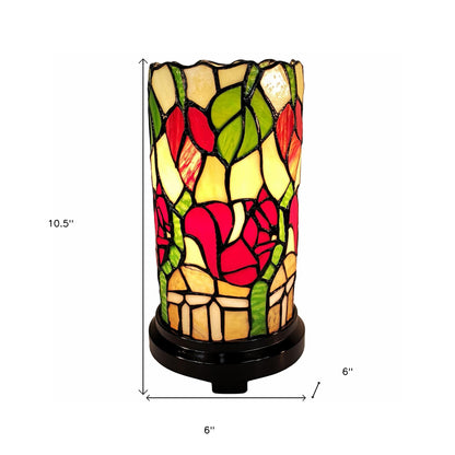 Lampe d'appoint en verre teinté floral rouge, vert et noir de 14 po