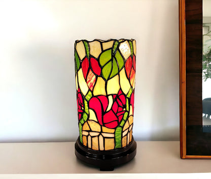 Lampe d'appoint en verre teinté floral rouge, vert et noir de 14 po