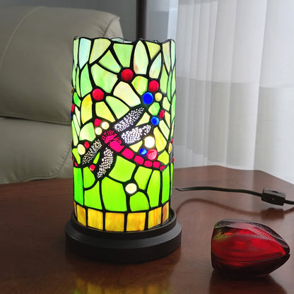 Lampe d'appoint en vitrail à motif de libellule verte et rose de 11 po