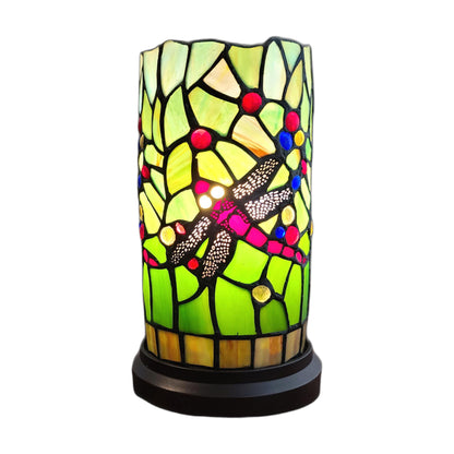 Lampe d'appoint en vitrail à motif de libellule verte et rose de 11 po