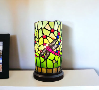 Lampe d'appoint en vitrail à motif de libellule verte et rose de 11 po