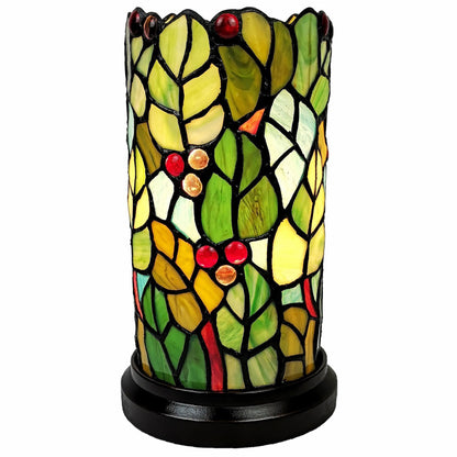 Lampe d'appoint en vitrail à feuilles et baies vertes et rouges de 11 po