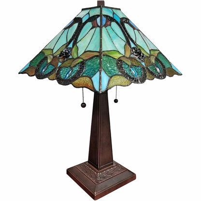 23" Dark Brown Metal Two Light Table Lamp With Blue and Green Cone Shade