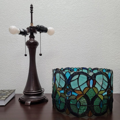 22" Dark Brown Metal Two Light Candlestick Table Lamp With Green Shade