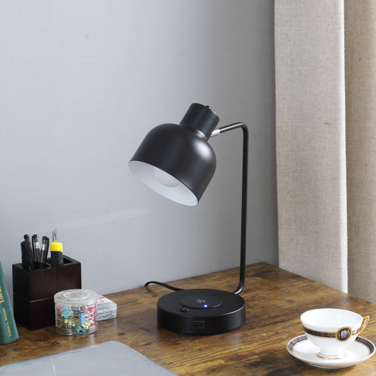 Lampe de table USB en métal noir de 15 pouces avec abat-jour noir