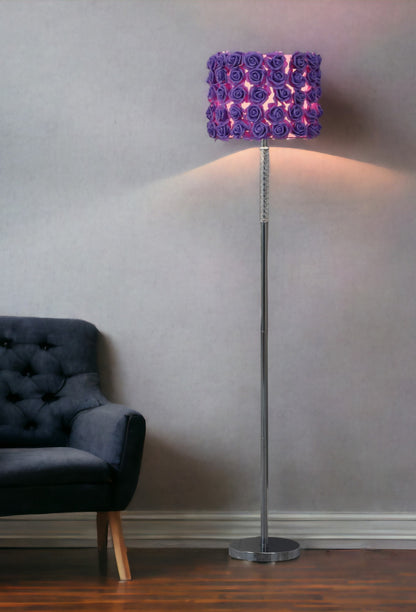 63" Steel and Acrylic Floor Lamp With Pink Flowers Fabric Drum Shade