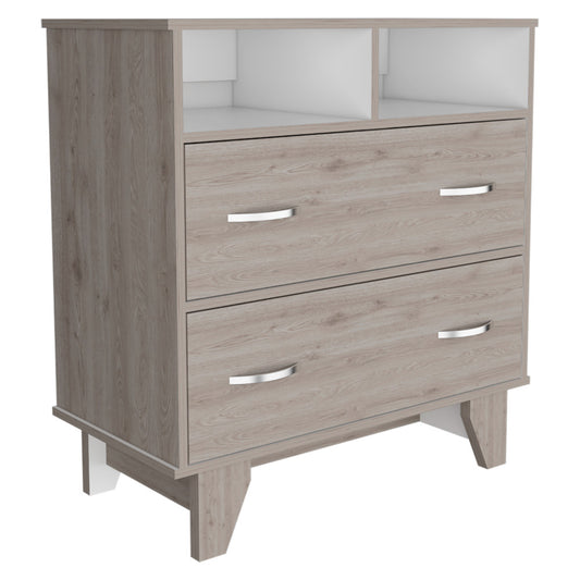 Commode à deux tiroirs en bois manufacturé gris clair de 32 po