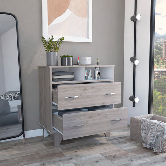 Commode à deux tiroirs en bois manufacturé gris clair de 32 po