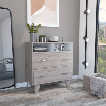 Commode à deux tiroirs en bois manufacturé gris clair de 32 po