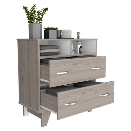 Commode à deux tiroirs en bois manufacturé gris clair de 32 po