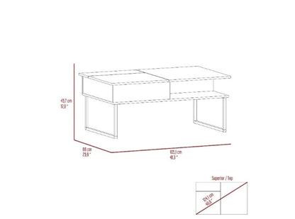 Table basse à plateau relevable en métal gris et onyx de 41 po avec deux étagères