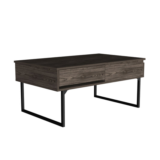 Table basse à plateau relevable en métal brun foncé et noir de 40 po avec tiroir