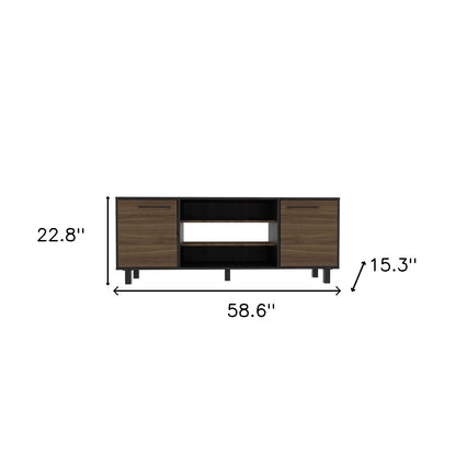 59" Brown And Black Particle Board Open Shelving TV Stand