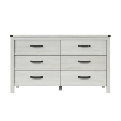 Commode double à six tiroirs en bois massif blanc de 58 po