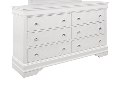 Commode double à six tiroirs en bois massif blanc métallisé de 58 po