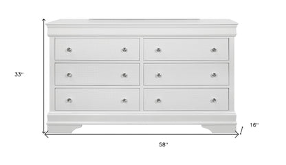 Commode double à six tiroirs en bois massif blanc métallisé de 58 po