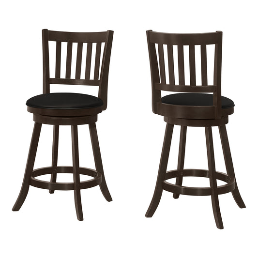 Ensemble de deux chaises de bar pivotantes de 23 po en similicuir noir et expresso et en bois massif