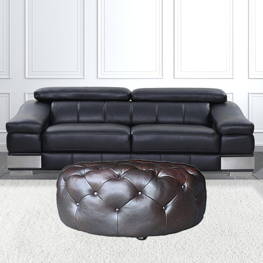 41" Brown Genuine Leather And Dark Brown Tufted Round Ottoman