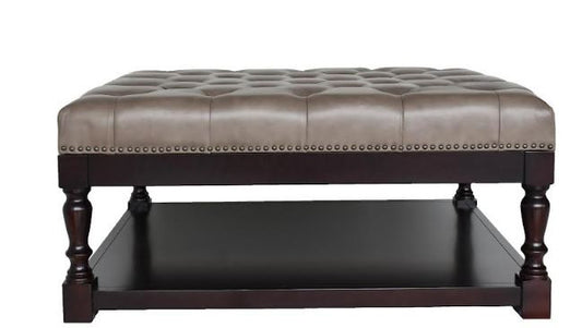 Table basse en cuir gris et marron foncé et bois massif de 35 po avec étagère