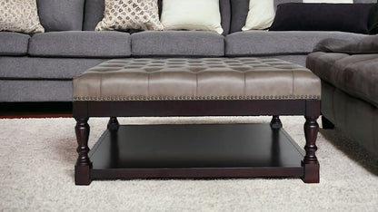 35" Gray And Dark Brown Leather And Solid Wood Coffee Table With Shelf