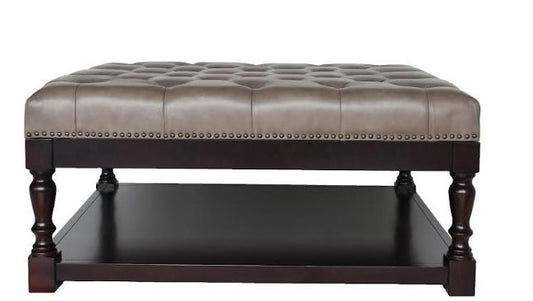 Table basse en cuir gris et marron foncé et bois massif de 35 po avec étagère