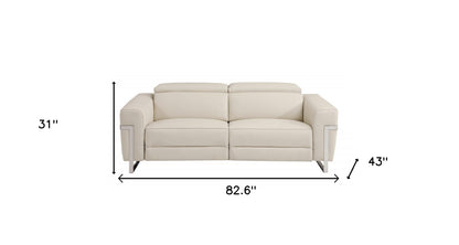 83" Beige Italian Leather USB Reclining Sofa With Silver Legs