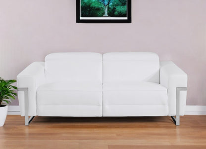 83" White Italian Leather USB Reclining Sofa With Chrome Legs